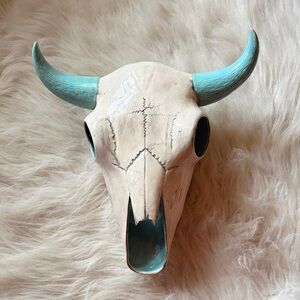 Decorative Bull Skull with Teal Horns